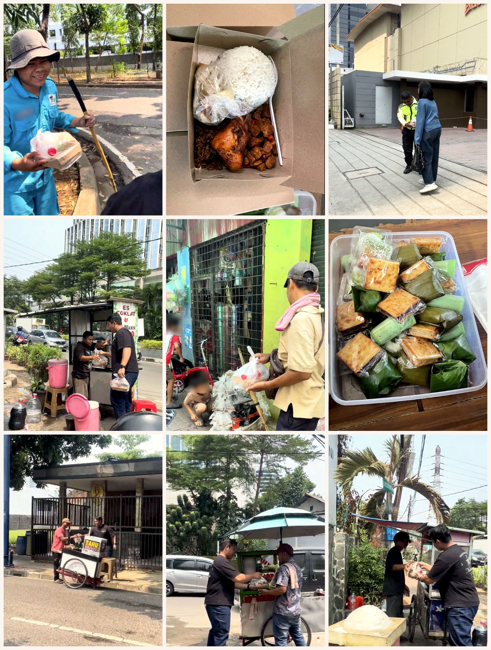 Kolase sembilan foto: petugas kebersihan, isi nasi kotak, petugas keamanan, seorang pedagang keliling, kue basah dalam wadah, dan empat pedagang gerobak menerima nasi kotak dari relawan