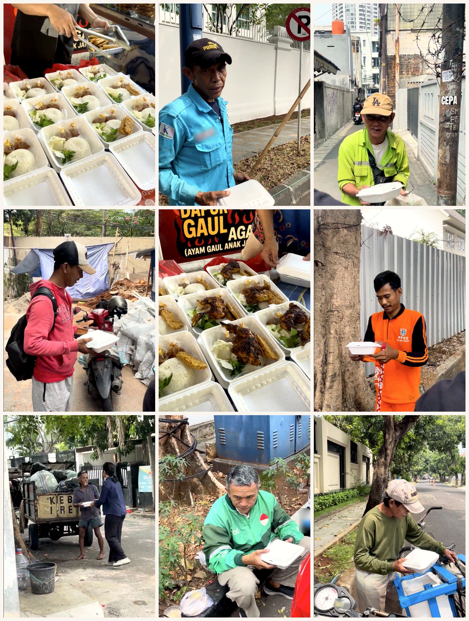 Kolase sembilan foto: dua foto persiapan nasi kotak, petugas kebersihan, petugas PPSU, pengemudi ojek daring, dan beberapa pekerja menerima nasi kotak di jalan