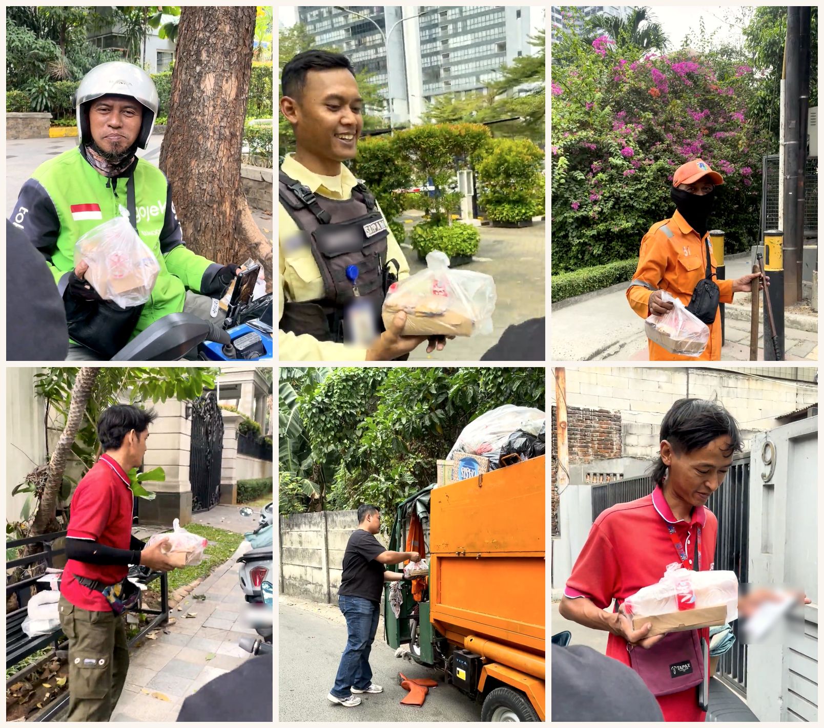 Kolase enam foto penerima Jumat Berkah: pengemudi ojek daring, petugas keamanan, petugas PPSU, dua kurir, dan relawan yang menyerahkan nasi kepada petugas pengangkut sampah
